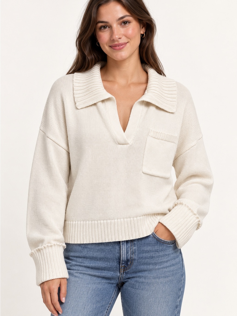 Abercrombie Cream Sailor Collar Cotton Sweater Oversized Coastal Medium
